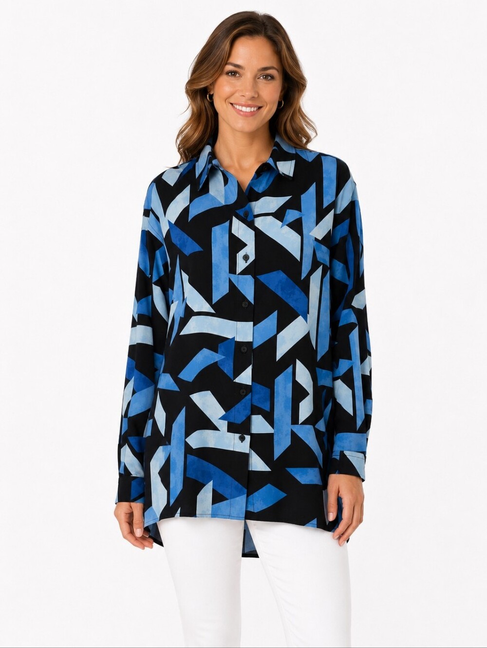 Karl Lagerfeld Paris Geometric‎ Button Front Tunic Blouse Blue Black Medium